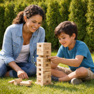 Mom and Son playing Giant Jenga at Mom & Me camp in Gravenhurst. summer fun, summer camp, family getaways