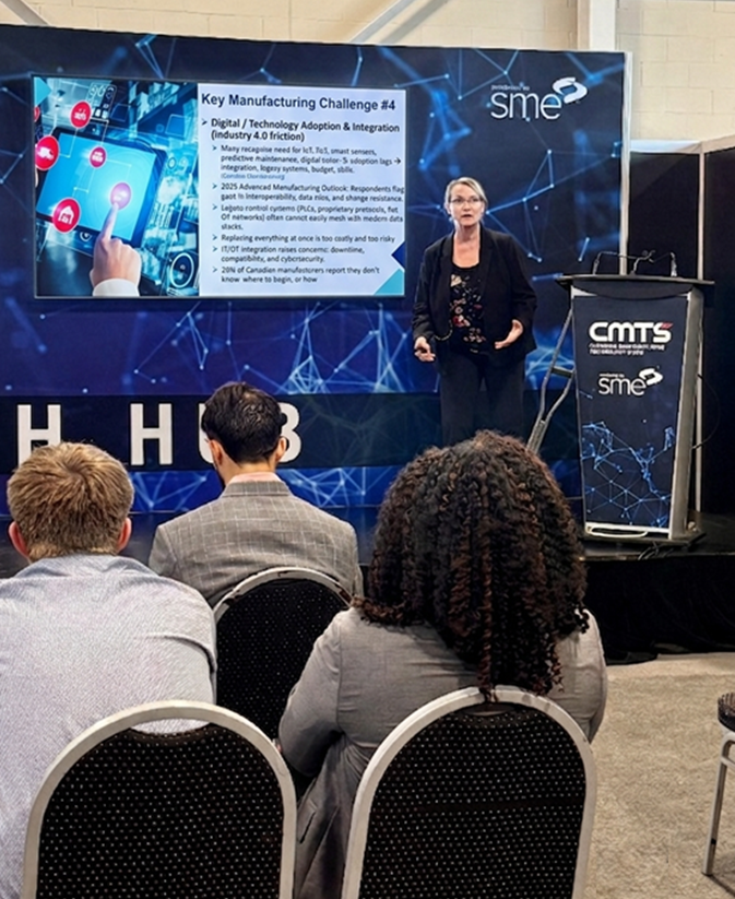 Jane-Michele Clark speaking about cybersecurity and outlining solutions for addressing top 5 key manufacturing challenges at CMTS 2025 - keynote